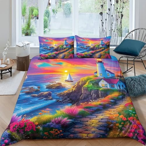 XPZABCDEG Küstenlandschaft 3D Bettwäsche Set Weiche Mikrofaser Leuchtturm von Rainbow Sea 3 Stück Bettdecke Mit Kissenbezügen All Season Schlafzimmer Dekoration Single?140x200cm?