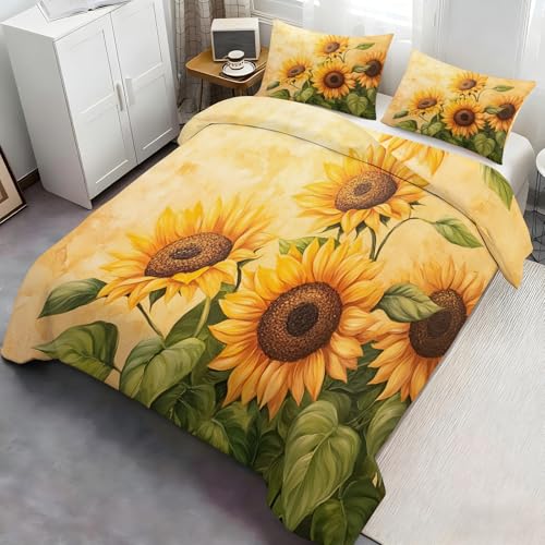 Bettbezug-Sets Sonnenblumen-Bettwäsche- Set für Einzelbett, gelbe Blumen, Landhaus-Steppbezug für Schlafzimmer, 3-teilig mit 2 Kissenbezügen und Reißverschluss