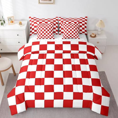 Feelyou Kariertes Retro-Bettwäsche-Set, 7-teilig, für Teenager, Damen, Herren, Rot / Weiß, kariert, Bettdecken-Set mit Laken, Doppelbettgröße, geometrisches Vintage-Bett in einer Tasche, modern