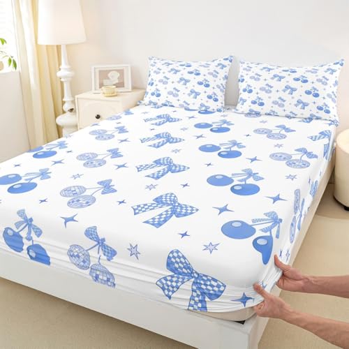 feelingyou Blaue Kirsche Bowknot Einbaublech L Größe Cartoon Bow Disco Ball Bettdeckung 2pcs Träumige Prinzessin Stil Bettwäsche Set für Erwachsene