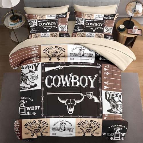 WeCozy 7-teiliges Queen-Size-Bettdecken-Set mit 2 Kissenbezügen und 2 Kissenbezügen, Vintage-Cowboy-Western-Be ttwäsche für Kinder und Erwachsene, Landhaus-/Retro-Tierbett in einer Tasche mit flachem