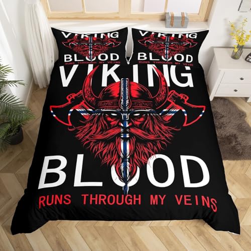 Viking Männer Bettbezug S Größe,rote Schlacht Axt Muster Bettwäsche Sets,Ozean Piraten Thema Tröster Abdeckung Kinder Teens Mann Jungen Zimmer Dekor,Moderne Schwarze kühle Quilt Cover,1 Kissenbezug