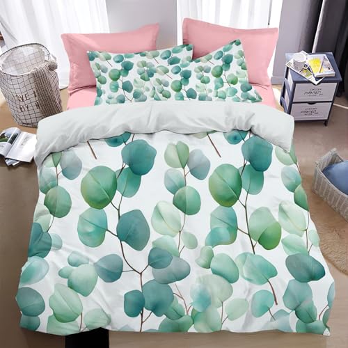 WunM Studio Bettwäsche 200 * 200cm Hellgrün Aquarell-Eukalyptus Bettbezug Set 3 Teilig Laubengang Blümchen Blumenmuster Weich Bettwäsche-Sets mit 2 Kissenbezüge 80x80 cm und Reißverschluss