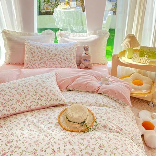 Nayoroom Bettwäsche 155x220 Blumen Rosa Beige Blümchen Wende Bettwäsche Set Microfaser 2teilig, Romantisch Mädchen Botanisch Geblümt Bettbezug und 1 Kissenbezug 80x80 cm mit Reißverschluss