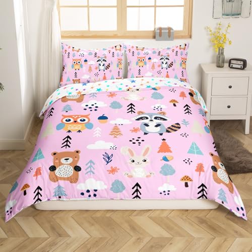 Loussiesd Mädchen Eule Bär Bettwäsche Set 135x200cm Jungen Eichhörnchen Kaninchen Druck Bettbezug Set Nette Tiere Bettwäsche-Set Kinder Frauen Schöne 2-teilige Natur Bäume Muster Bettbezug Rosa