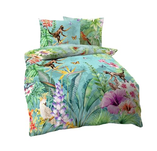 Kaeppel Mako Satin Digitaldruck Bettwäsche 2 TLG. Äffchen Dschungel Kakadu Schmetterling Bunt Urwald, Größe:135x200cm Bettwäsche