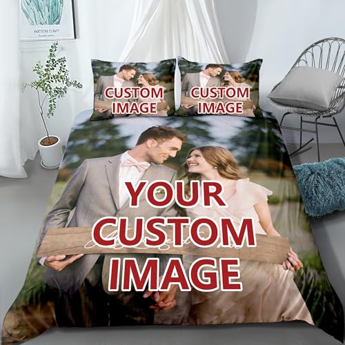 Helengili Personalisiertes Bettwäsche-Set Geschenk, individueller Bettbezug, Kissenbezug mit Foto/Text/Logo, für alle Jahreszeiten, geeignet für Familie, Paare, Kinder, Jahrestag
