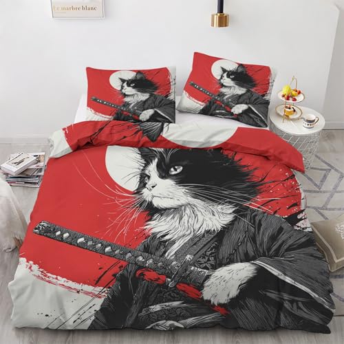 Generisch Bettwäsche 155x220 Japanische Stil Bettwäsche-Set Samurai Katze Bettbezug Winter Weiche Mikrofaser Bettbezug 155 x 220 3tlg, 2 Kissenbezug 80x80, mit Reißverschluss, Schlafzimmer Deko