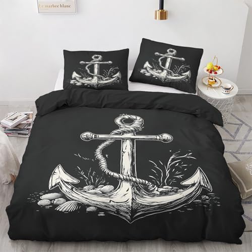 Maohryzed Anker Bettwäsche 140x200cm 3teilig, Soft Maritime Nautisch Bettbezug, Warme Winter Bettwäsche-Sets, Microfaser Wendebettwäsche mit Reißverschluss und 2 Kissenbezüge 80x80 cm