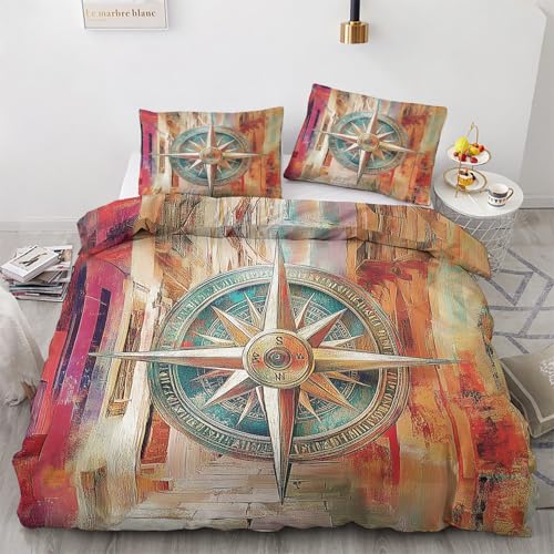 Venivici Nautisch Bettwäsche 140x200 - Vintage Kompass Maritim Bettbezug 140x200 3 Teilig, Weiche & Angenehme Mikrofaser Bettbezüge & 2 Kissenbezug 70x90, Bettwäsche-Sets mit Reißverschluss