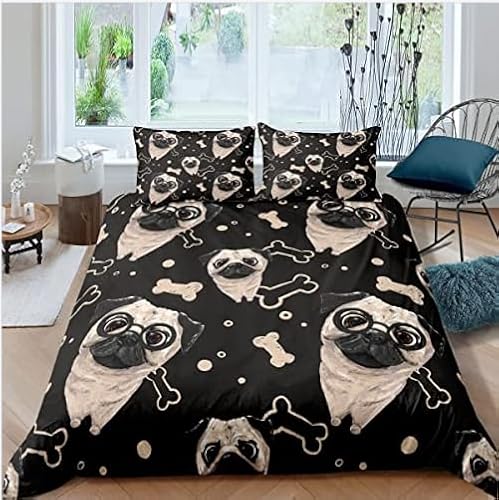 NUEYSP Bettwäsche 135x200 Mops Bettwäsche-Sets 3D-Motiv, Mikrofaser, 1 Bettbezug 135x200 + 1 Kissen 80x80 mit Verdecktem ReißVerschluss für Mädchen Jungen.