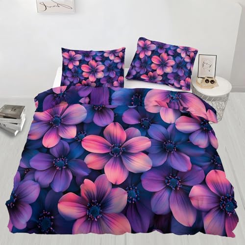 Bettwäsche-Set für Einzelbett, violette Blumen, Bettbezug, 3-teilig, violette Blütenblätter, Bettbezug-Set und Kissenbezüge für Einzelbett, für Kinder, Mädchen, Jungen, weich