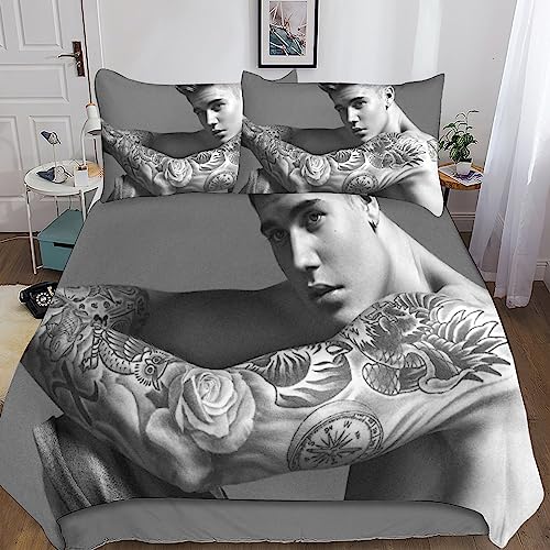 3D Justin-Bieber Bettbezug-Bettwäsche und Kissenbezug, Mikrofaser, für Herren, Jugendliche, Jungen, Kinder, Bettwäsche-Sets mit Reißverschluss, 3-teilig, Doppelbett, 140 x 200 cm