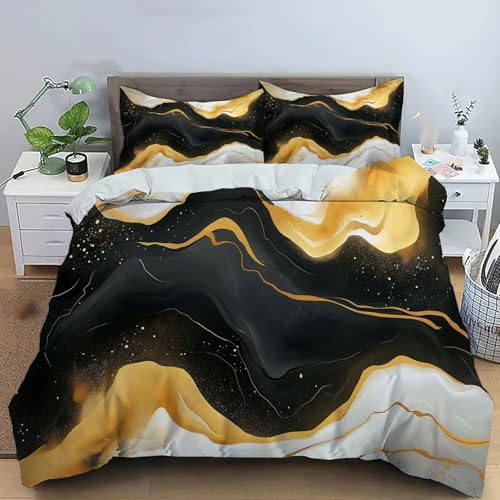 JEDTAKCT Blattgoldberge Bettwäsche Kinder Luxuriöser Marmor Bettbezug Set, Lustige Schwarzes Gold Pflegeleicht Mikrofaser Bettwäsche Set Mit Reißverschluss Und 2 Kissenbezügen (260X220Cm)