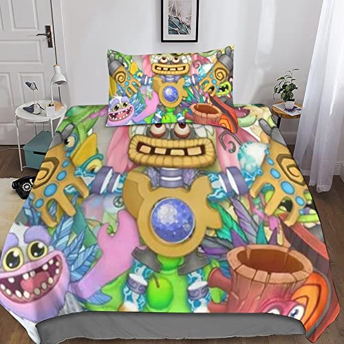 KRIVS My Singing Monsters Bettwäsche Bettbezug Set Und Kissenbezug,bettwäsche Für Jungen Und Mädchen,3D Digital Print Dreiteiliger Bettwäsche,Mikrofaser Bettbezüge Single?135x200cm?