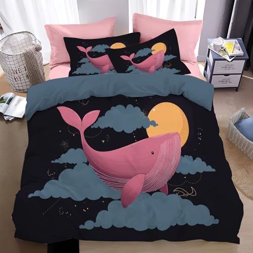 WunM Studio Bettwäsche 135 * 200cm Rosa Wal Bettbezug Set 3 Teilig Cartoon-Tiere Blümchen Blumenmuster Weich Bettwäsche-Sets mit 2 Kissenbezüge 80x80 cm und Reißverschluss