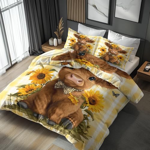 Kariert Bettwäsche 155x220 Bügelfreie - Kuh Sonnenblume Schmetterling Muster, Renforce Wendebettwäsche Bettbezug 3-teilig Set Cozy Mikrofaser Mit Reißverschluss, 2 Kissenbezug 80x80, Geschenk Kariert