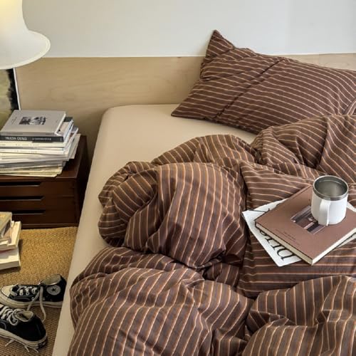 Lanqinglv Bettwäsche 135x200 cm Braun Gestreift Allergiker Bettwäsche aus Microfaser, ÖKO-TEX Bettwäsche Set - Bettbezug mit Reißverschluss und 1 Kissenbezug 80x80 cm
