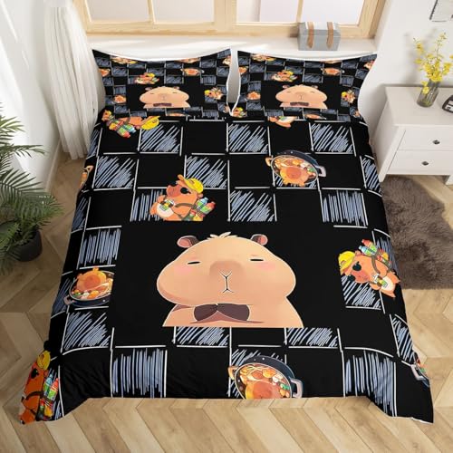 Homewish Lustiger Capybara Bettbezug 135x200 Cartoon Capybaras Muster Bettwäsche für Kinder Jungen Mädchen,Buffalo Karo Bettwäscheset Niedliches Tier Druck Bettset Wendbar Schwarz Schlafzimmer Dekor