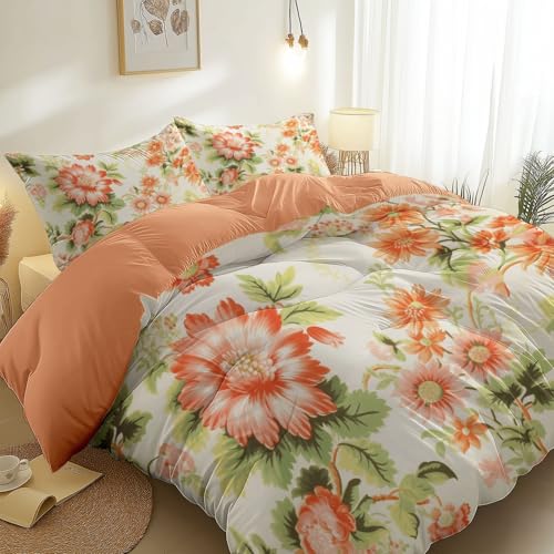 Wendbares Bettbezug Set Beige-Orange– Gebürsteter Mikrofaser Hautfreundlich Elegant Minimalistisch Blumenillustration Bedruckt Bettwäsche-Set für Kinder Teenager Erwachsene, 200 x 220 cm
