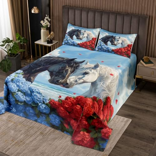 feelingyou Pferd Bettdecke 2pcs Meer Wellen Blumen Coverlet Quilt für Kinder Teens Erwachsene Glücklichen Valentinstag Bettwäsche Set S Größe