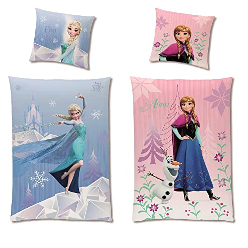 Disney Die Eiskönigin Bettwäsche Set 135x200 80x80 cm · Frozen Mädchenbettwäsche mit Anna und ELSA · Motiv Diamonds aus 100% Baumwolle mit Reißverschluss