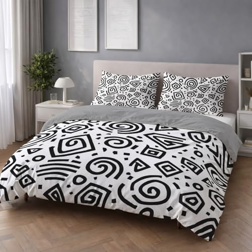 Atmungsaktiv Bettwäsche 200 x 220 - Schwarz Weiß Bügelfrei Farbbeständig Bettwäsche Sets - Bettbezug(200 x 220)+ Kissenbezüge - Für Allergiker Geeignet Abstrakt Wirbel Quadrat Punkt