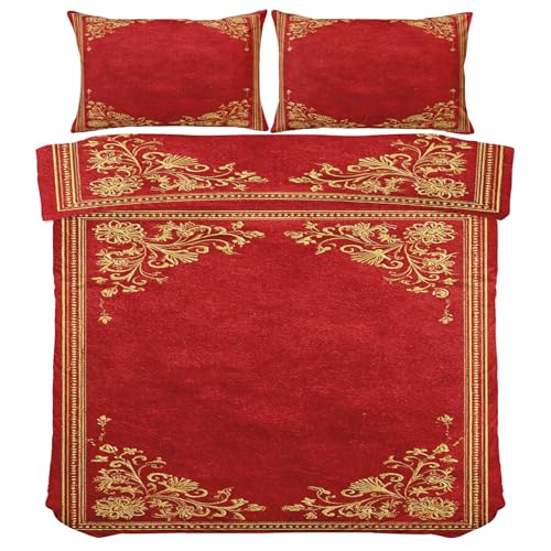 Rot Gold Damast Muster Bettwäsche, Luxus Viktorianisch Bettwäsche-Set 135x200, Mikrofaser Wende Bettbezug 2 Teilig mit Reißverschluss, Pflegeleicht Trösterbezug mit 1 Kissenbezug 80x80 Ri1291