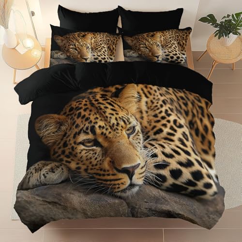 Bettwäsche Orange Schwarz, Tiere Leoparden Felsen Bedrucktes Weich Atmungsaktiv Mikrofaser Bettwäsche Maschinenwaschbar, Bettbezüge mit Reißverschluss für alle Jahreszeiten 155 x 200 cm
