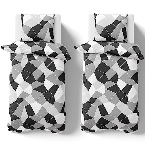 Visaggio Premium Bettwäsche 4 teilig 135x200cm Bettbezug Garnitur Set YKK Reißverschluss Mosaik Schwarz Grau Weiß