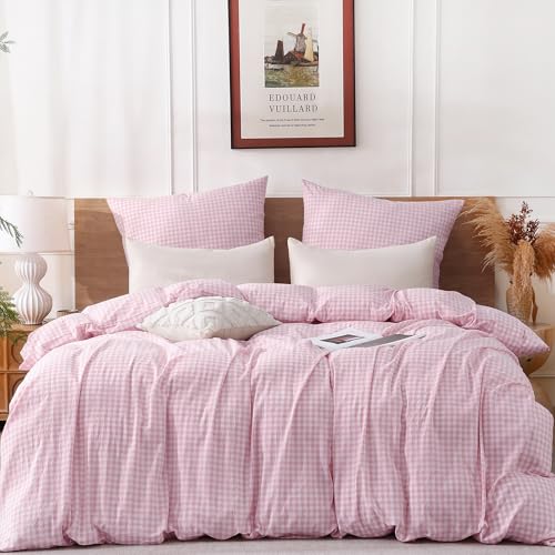 TOCOMOA Bettwäsche 135x200 Kariert 2teilig, 100% Gewaschene Baumwolle Bettwäsche-Sets Rosa, Leinenoptik und Atmungsaktiv Bettwaren mit Reißverschluss, 1 Bettbezug und 1 Kissenbezug 80x80 cm