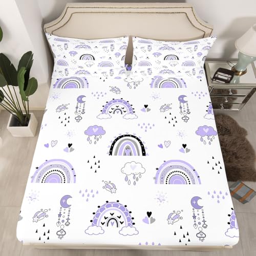 feelingyou Cute Rainbow Einbaublech L Größe Kawaii Lila Prinzessin-Stil Zeichnung Bettdeckung 2pcs Hübsche Sterne Mond Wolke Bettwäsche Set für Erwachsene