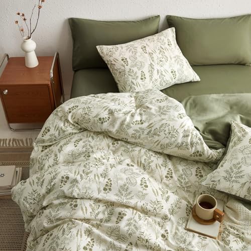 Tospass Blumen Bettwäsche 135x200 cm Olivgrün Weiß Blätter Pflanzen Muster Bettwäsche Set Floral Bettbezug Mikrofaser Wende Bettwäsche 1 Deckenbezug mit Reißverschluss 1 Kissenbezug 80x80 cm
