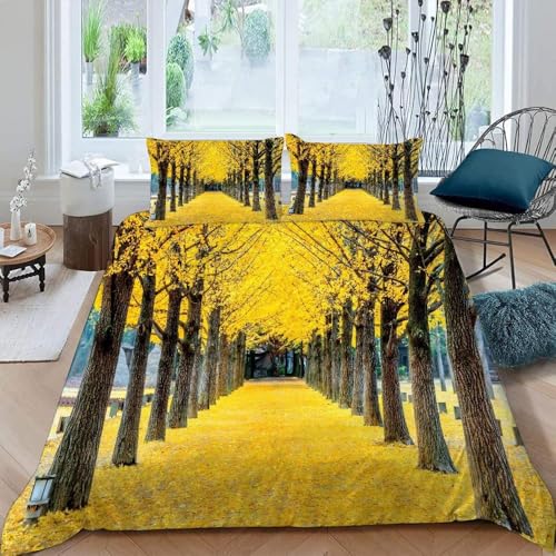 Goldener Ginkgo Bettwäsche 155x200 Herbstwälder Bettwäsche-Sets für Mädchen Jungen Kinder Weiche Mikrofaser 3D Drucken Bettbezug mit Reißveschluss und 2 Kissenbezüge 599.B