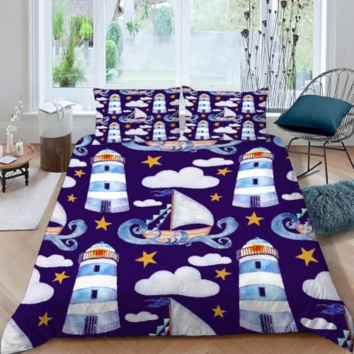 MOXINO 3D Leuchtturm Bettwäsche 155x220 cm 3teilig Segelboot Bettwäsche für Teenager Leicht Mikrofaser Bettbezug Sommer Weiche Bettbezüge mit 2 Kissenbezüge 80x80?Muster 95-4?