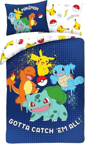 Bettwäsche Pokemon Catch Them All, Bettbezug 140 x 200 cm + Kissenbezug 65 x 65 cm, mit Pikachu, Glumanda, Bulbizarre und Schäler
