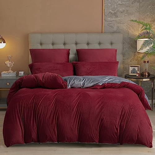 Damier Plüsch Bettwäsche 135x200cm 4teilig Winter Rot Weinrot Grau Uni Einfarbig Cashmere Touch Bettwäsche Flauschig Kuschelig Wende Bettwäsche Set mit Reißverschluss und 2 Kissenbezüge 80x80 cm Damier Plüsch Bettwäsche 135x200cm 4teilig Winter Rot Weinrot Grau Uni Einfarbig Cashmere Touch Bettwäsche Flauschig Kuschelig Wende Bettwäsche Set mit Reißverschluss und 2 Kissenbezüge 80x80 cm