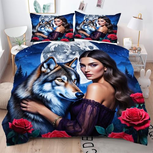 Gumntun Bettwäsche 220×240 cm Rose Frau Wolf, Weich Microfaser Bettbezug Set mit Reißverschluss, Aesthetic Flauschige Bettbezug für Erwachsene und 2 Kissenbezüge_B5910