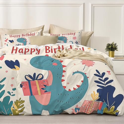 Bettwäsche 135*200cm Creme Lächelnde Tiere Dinosaurier Bettbezug Set 2 Teilig Alles Gute zum Geburtstag,ihr-Tiere! Blümchen Blumenmuster Weich Bettwäsche-Sets mit 2 Kissenbezüge und Reißverschluss