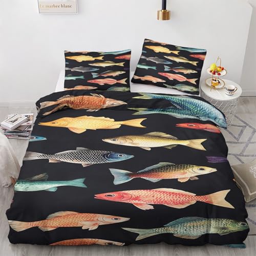 Fisch Deko - Fisch Bettwäsche 135x200 Winter, Angeln Bettbezug 135 x 200 2er Set mit 1 Kissenbezug 80x80, Weiche Mikrofaser Winterbettwäsche mit Reißverschluss X*&86