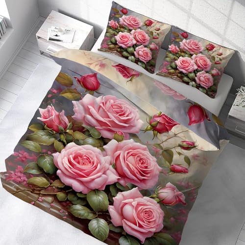 YZQGLHP Bettwäsche 200x200 Rose Bettbezug Set für Kinder Jungen Mädchen Weich Atmungsaktiv Microfaser Betten Set mit Reißverschluss und 2 Kissenbezug 80x80 cm