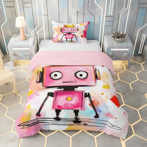 feelingyou Wasserfarbenroboter Kinder Bettdecke S Größe Abstract Graffiti Einfache Linien Druck Decken Abdeckung für Schlafzimmer Goldene Krone Intelligent Machine Bettwäsche Set(1 Kissenbehälter)