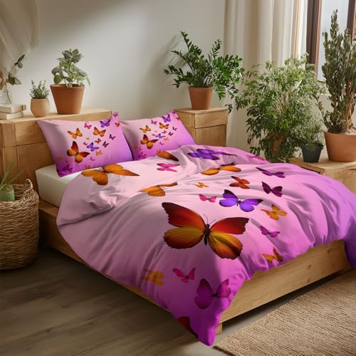 Anime-Kunst Bettwäsche 155 x 220 cm 3teilig Bettbezug, Cartoon Schmetterling Lila-Orangem Farbverlauf Luxus Moderne Weich Wendebettwäsche Set mit Kissenbezüge für Kinder Erwachsener