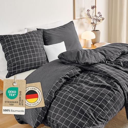 Blumtal Biber Bettwäsche 155x220cm + 2X 80x80cm Baumwolle 3teilig - Flanell Bettwäsche 155x220 cm Oeko-TEX zert. & Ultra weich - 60 °C waschbare Winterbettwäsche mit edlem Wendedesign - Anthrazit