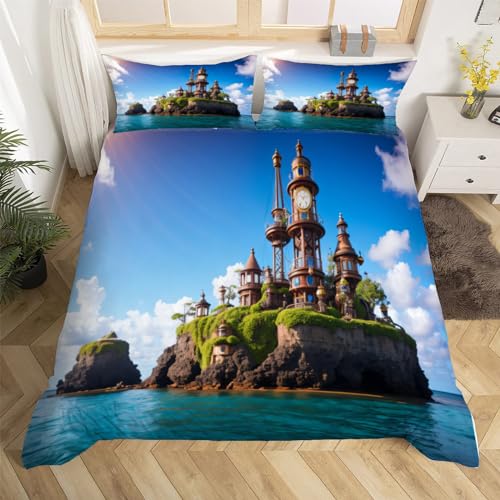 3D Schlossberg Bettwäsche 200x200 Sea Marine Themed Weiche Microfaser Bettwäsche-Sets Bettbezug mit Reißverschluss und 2 Kissenbezug 80x80 cm