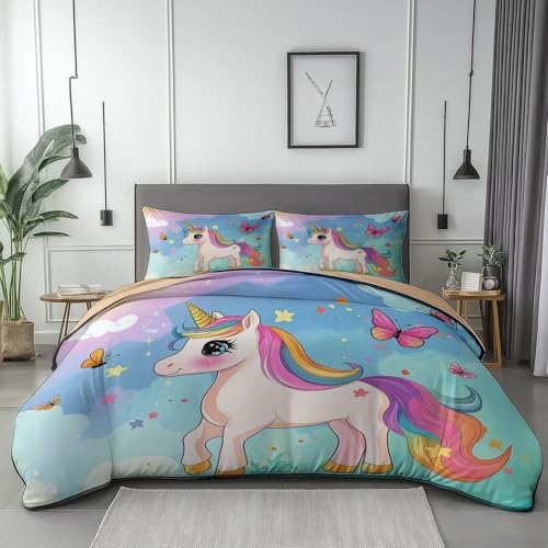Bettwäsche 150 x 200 cm Mikrofaser Atmungsaktiver Bettbezug Cartoon Regenbogen Einhorn Motiven Bettbezug Set mit 2 Kissenbezüge 80 x 80 cm, Aprikose Druck Wende-Bettwäsche