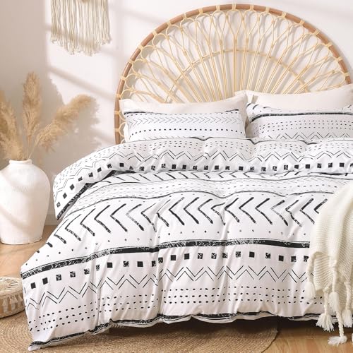 Lekesky Bettwäsche 200x200, Bettwäsche 3teilig Bettbezug, Bohème Stil Bettwäsche Set 200x200 cm Mikrofaser mit Kopfkissenbezug mit Reißverschluss 80x80cm*2, Weiß/Schwarz