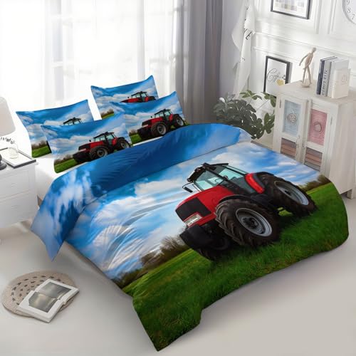 Srigzcaly Bettwäsche 155x220cm Ländlich Roter Traktor Bettwäsche 3er Set, Weich Gemütlich Mehrfarbig Mikrofaser Wendebettwäsche für Jugendliche Mädchen Kinder Erwachsene - mit 2 Kissenbezug