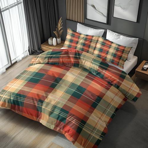 Generisch Bettwäsche 200x200 Tartan Design, 3teilig - Rot Gelb Karo Kariert Vintage Bettbezug und 2 Kissenbezug 80x80, Wendebettwäsche, Schlafzimmer Deko, Mikrofaser, mit Reißverschluss 8yZl-69