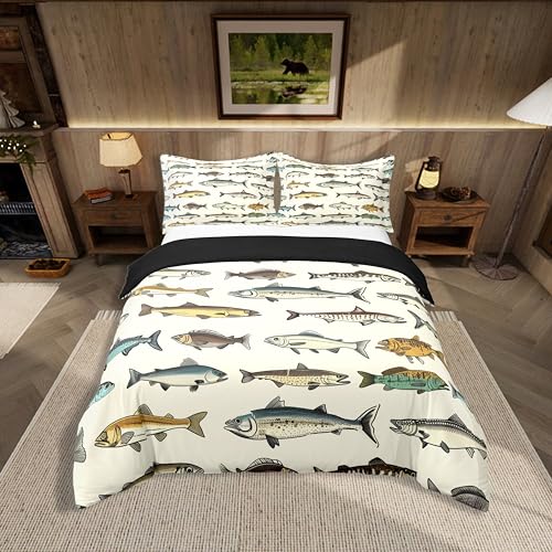 Loussiesd Kinder Fisch 100% Baumwolle Bettwäsche Set 135x200cm Fischen und Jagen Bettwäsche-Set für Jungen Mädchen Vintage Graffiti Betten Set Atmungsaktiv Bettwäsche-Set Zimmer Dekor Bettbezug Set